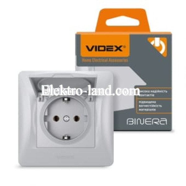 Розетка одинарная с заземлением и крышкой серебряный шелк Videx Binera 